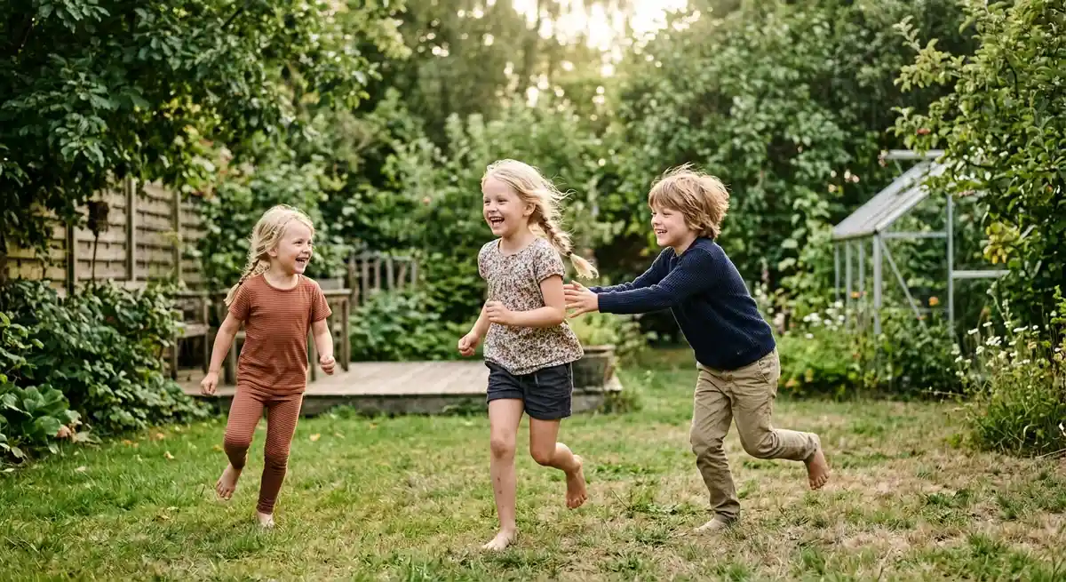 Glade skandinaviske børn der leger sjove børnelege i en grøn have med naturligt lys